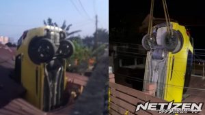 Mobil Ibu-Ibu Nyungsep ke Atap Rumah di Balikpapan, Warga Geger